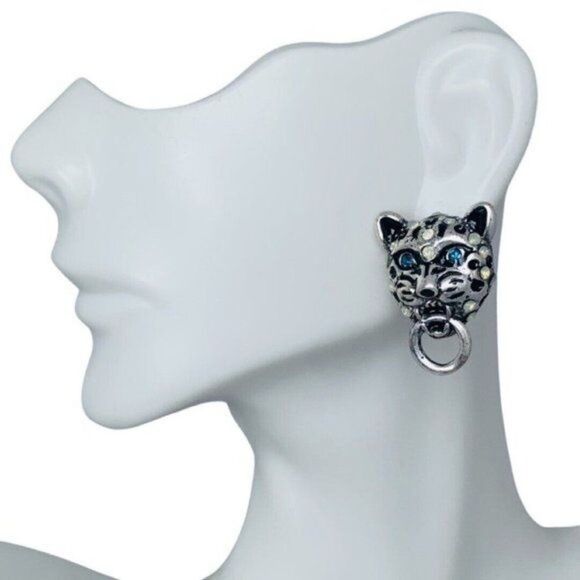Betsey Johnson WHITEOUT Crystal Snow Leopard Door Knocker Button Stud Earrings - Picture 6 of 9
